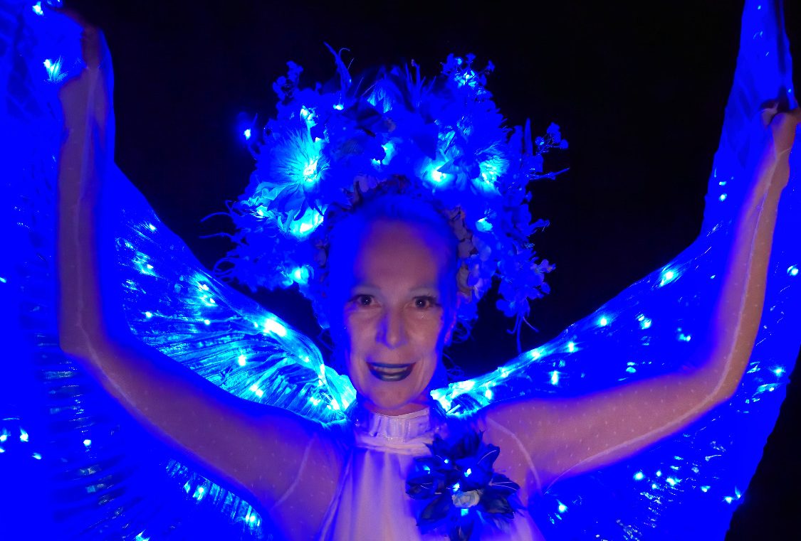 Künstleragentur, professionelle Artisten, Stelzenkünstler Künstler buchen, Walking Act Stelzen Performance, Blumen Act, Gartenmesse, LED Show